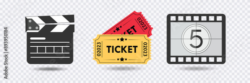 Cinema icon set, Clapper board icon, Ticket icon, Video countdown icon in transparent background