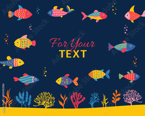 Underwater sea fish abstract cartoon banner. Ocean coral reef, marine or aquarium seaweed childish background. Abstract exotic naive design poster. Undersea seascape mockup card, vector illustration