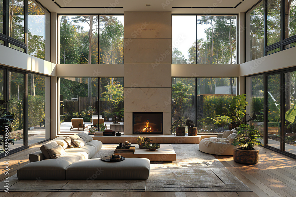 Fototapeta premium Luxury Living Room Interior with Fireplace