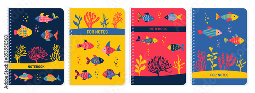 Underwater or aquarium fish design notebook cover set. Cartoon nautical fish with ocean coral reef for planner, brochure, book, catalog. Decorative notepad layout page print template vector poster