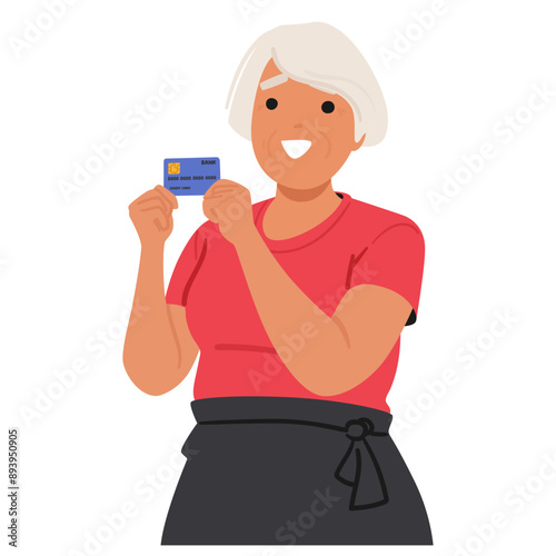 Cartoon Cheerful Senior Woman Holding Credit Card. Image Depicts A Sense Of Financial Independence And Security