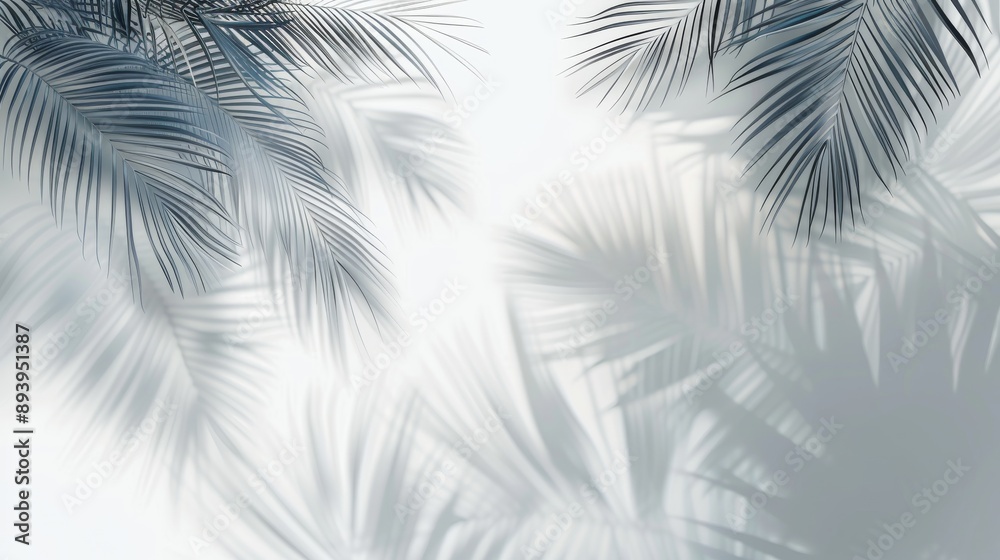 Fototapeta premium The shadow of a palm tree falls on a white wall, highlighting its graceful silhouette against the backdrop