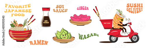 A set of Japanese food items with vintage-style inscriptions. Soy sauce, sushi, rolls, ramen, wasabi, pink ginger. Vector illustration.