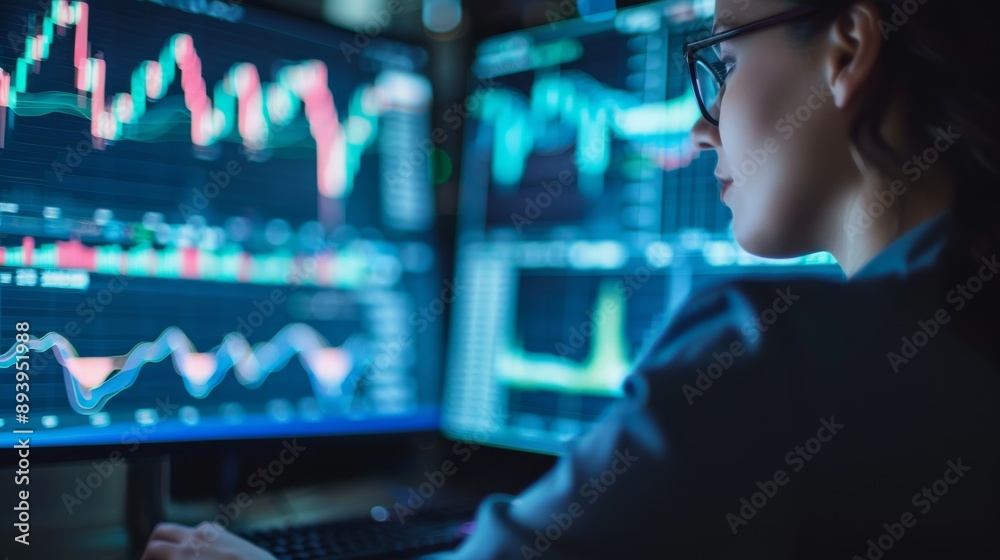 Fototapeta premium A female stock trader analyzing financial data on multiple computer screens.