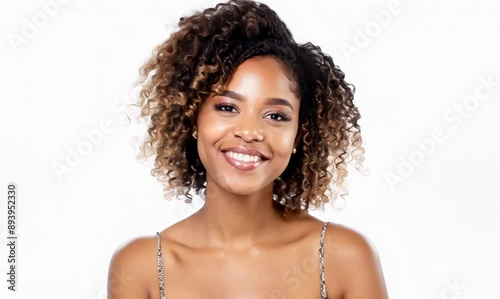 Cheerful young adult woman with curly hair and smiling face standing in studio against white background