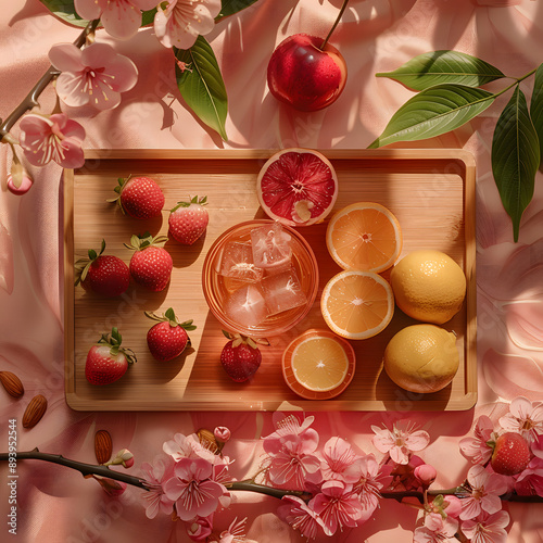 fruit and drink in a wooden tray with almond bars, in the style, light red and light pink, nature-based patterns, multilayered texture, glazed surfaces photo