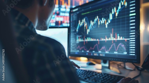 A person looking at graphs and charts on a computer screen analyzing financial data.