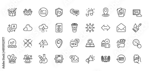 Squad, Quick tips and Lightning bolt line icons pack. AI, Question and Answer, Map pin icons. Refund commission, Shield, Location web icon. Technical info, Ship travel, Mail pictogram. Vector