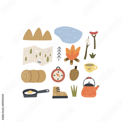 Cartoon camping thematic elements, hand drawing lettering. Colorful vector illustration, flat style. design for cards, print, poster, cover