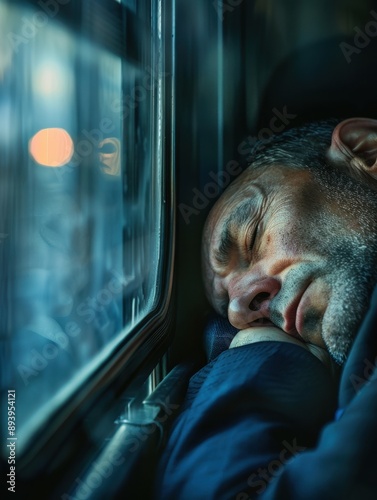 Man asleep with his head on hand during a train ride, reflecting the fatigue of daily city life. photo