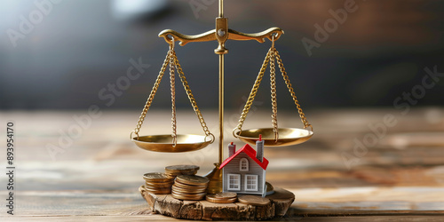 Division of assets in divorce, a judge's gavel next to a house and a scale with coins.
