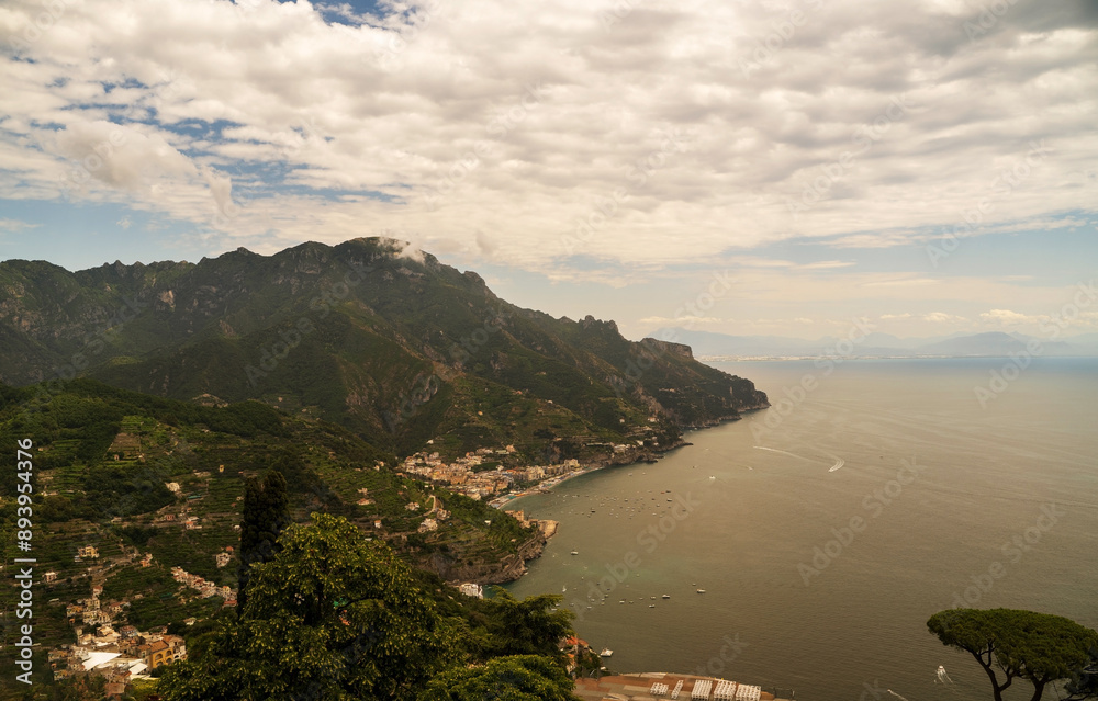 Scenic Coastal View of Mountains and Villages by the Sea