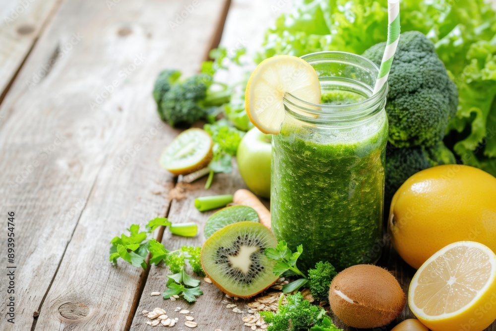 A vibrant and nutritious salad garnish featuring fresh fruits, vegetables, a green smoothie with lemon, avocado, and organic produce. A vibrant and nutritious salad garnish featuring fresh fruits, vegetables, a green smoothie with lemon, avocado, and organic produce.