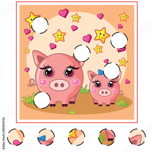 Child Game. Collect a picture. Education game for children. Cute pigs concept. Flora and fauna, nature.