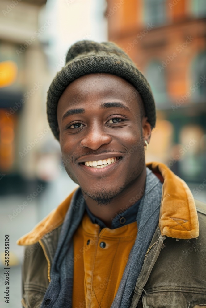 A young man is wearing a warm coat and hat, smiling as he walks down an urban street. A young man is wearing a warm coat and hat, smiling as he walks down an urban street.