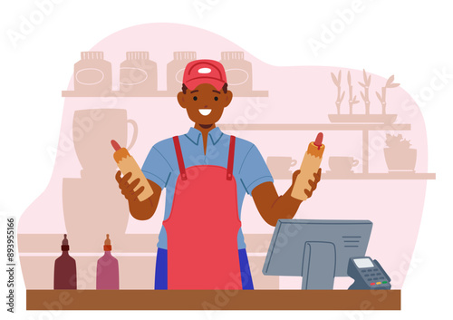 Cheerful Fast Food Worker Wearing A Red Apron And Cap, Holding Sauce Bottles, Standing Behind The Counter With Shelves