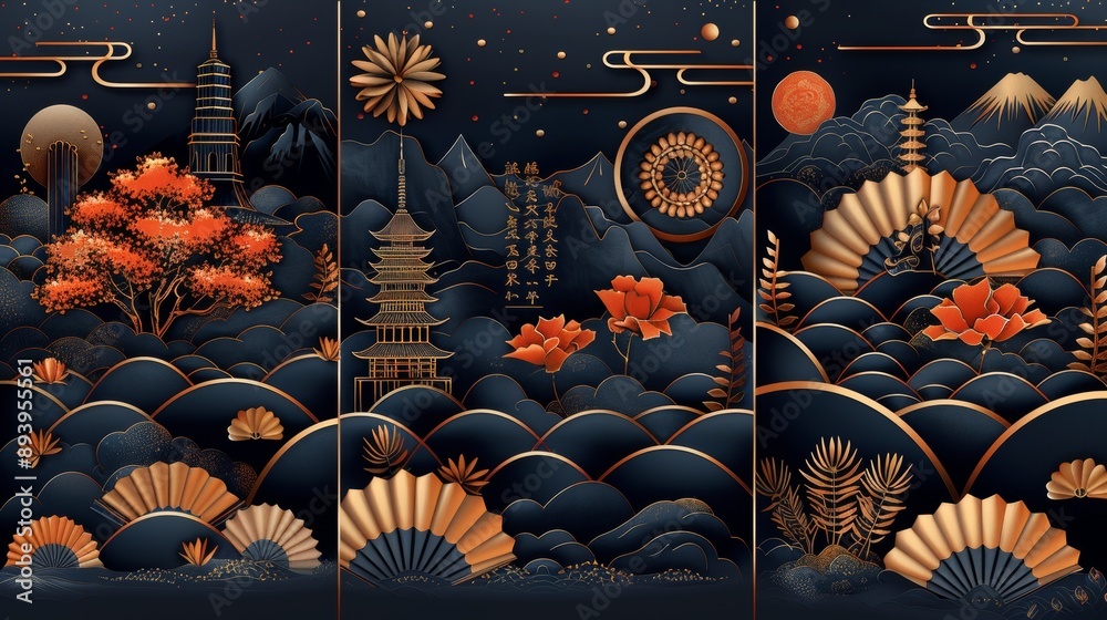 In this modern, we have gold icons and symbols of traditional Japanese ...