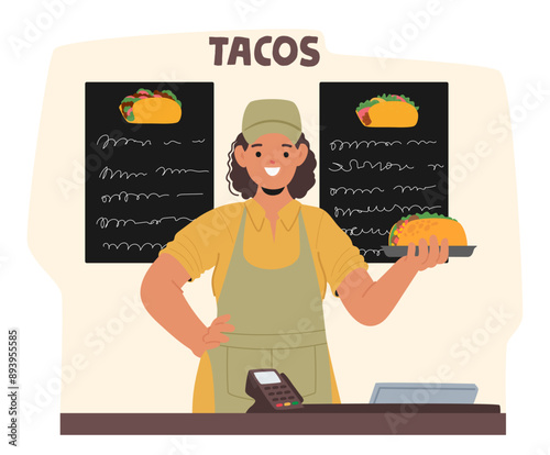 Enthusiastic Fast Food Worker Standing Behind The Counter At A Taco Stand With Menu Board, Proudly Holding A Taco