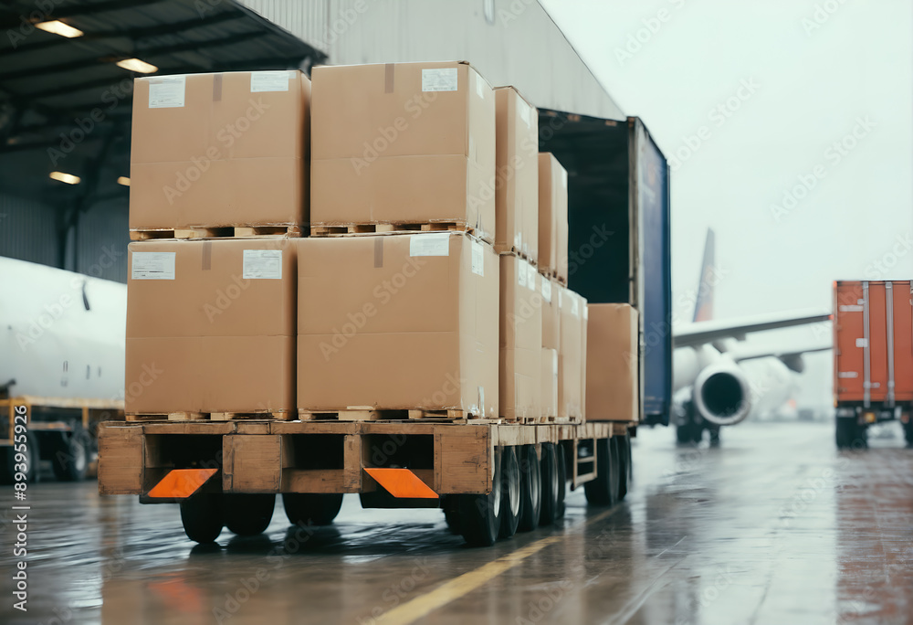 Loading cargo on plane in airport Loading cargo on plane in airport