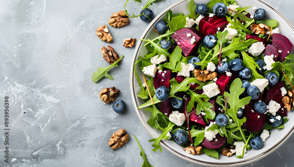 Delicious salad with sweet beets, blueberries, feta cheese, arugula and walnuts, gray table background, top view Delicious salad with sweet beets, blueberries, feta cheese, arugula and walnuts, gray table background, top view