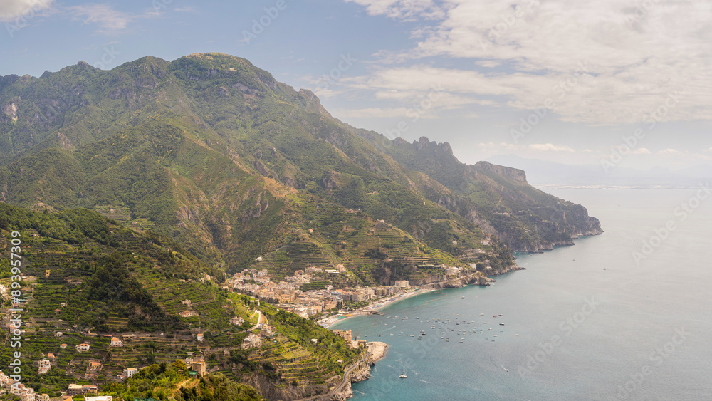 Panorama view of gulf of Salerno from Villa Rufolo in Ravello, Italy.