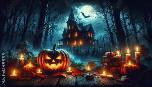 dark scary haunted forest graveyard pumpkin scene for Halloween jack o lantern pumpkins and candles 