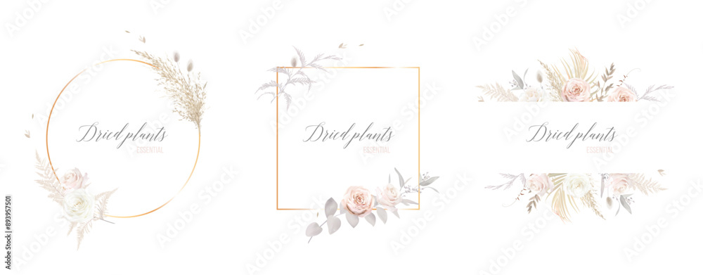 Modern beige and blush trendy vector design frames. Pastel pampas grass, fern, dusty pink and white rose, dried plants, palm leaves. Wedding floral boho cards. All elements are isolated and editable Modern beige and blush trendy vector design frames. Pastel pampas grass, fern, dusty pink and white rose, dried plants, palm leaves. Wedding floral boho cards. All elements are isolated and editable