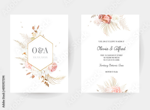 Flower and dried plants vector design frames. Wedding watercolor flowers. Magnolia, brown rose, white orchid, dried palm leaves, peony, pink hydrangea cards. All elements are isolated and editable
