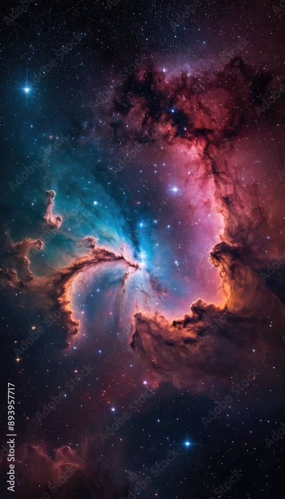 A breathtaking image of a vibrant nebula, showcasing a mix of bright pink, blue, and orange colors, with stars scattered across the cosmic landscape
