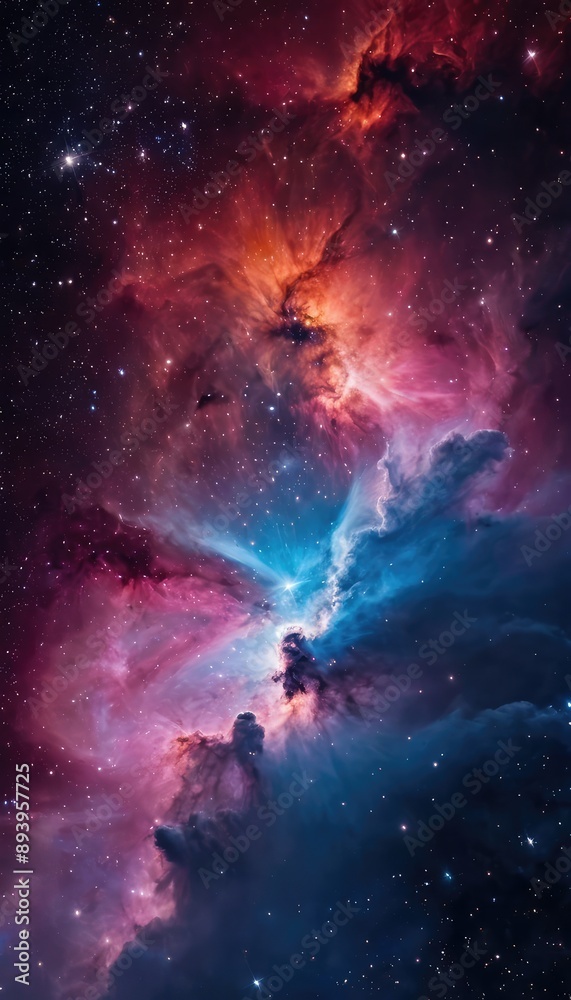 Obraz premium A breathtaking image of a vibrant nebula, showcasing a mix of bright pink, blue, and orange colors, with stars scattered across the cosmic landscape