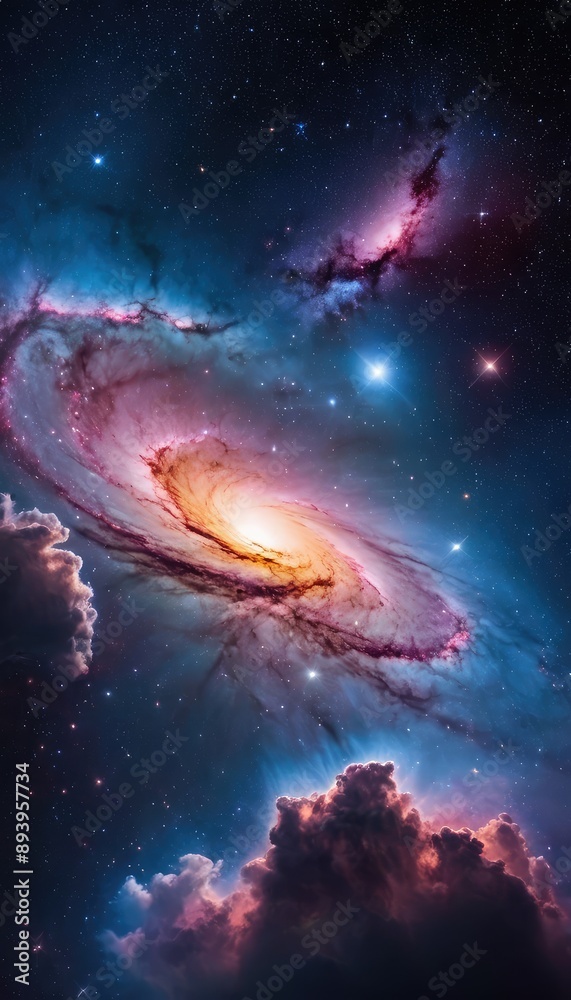 Obraz premium A mesmerizing view of a galaxy in space, showcasing its spiral arms and glowing center, with stars scattered across the dark expanse