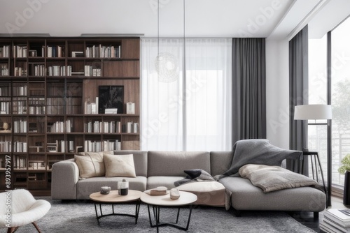 Modern living room with a library