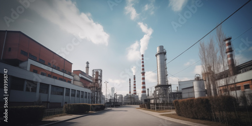 Wide view of an industrial factory exterior with prominent smokestacks emitting steam under a clear blue sky.
