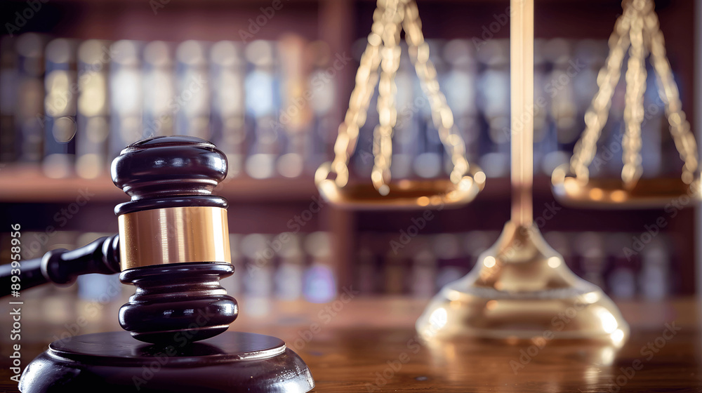 Judge's gavel on polished bench with scales of justice Judge's gavel on polished bench with scales of justice