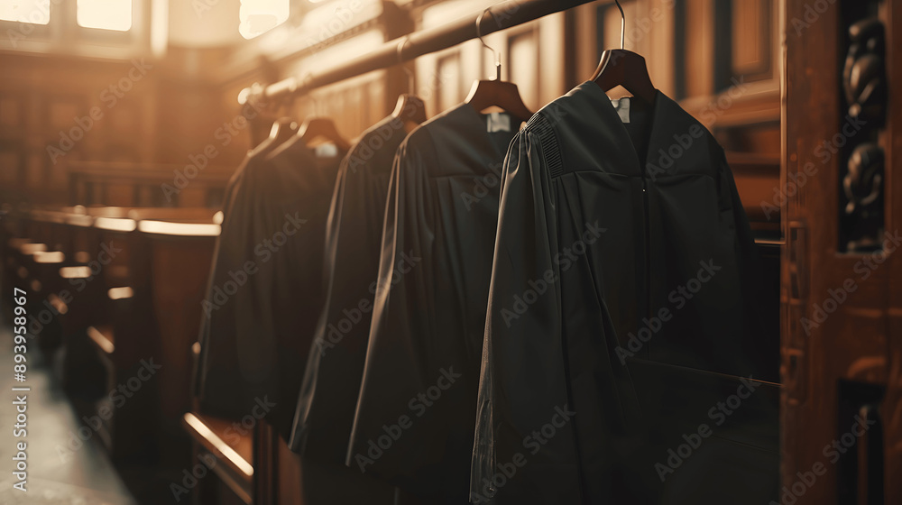 Judicial robes on wooden coat rack in courtroom Judicial robes on wooden coat rack in courtroom