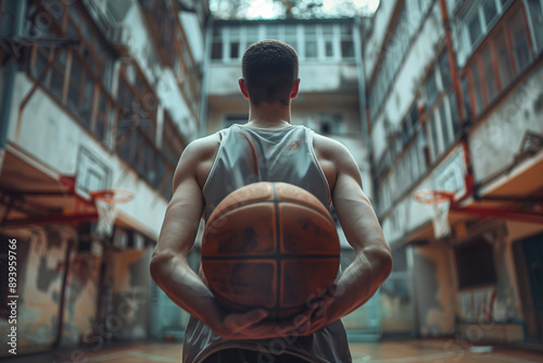 The Basketball Player's Urban Oasis: A Moment of Reflection in a Grungy Cityscape photo