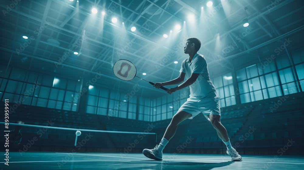 Obraz premium A Professional Badminton Player Reaches For The Shuttlecock In An Indoor Court