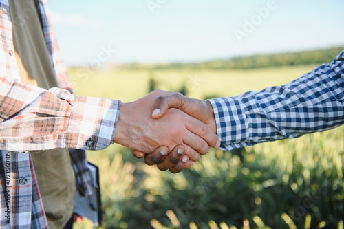 Handshake two farmer on the background of a wheat field at sunset. The concept of the agricultural business © Serhii