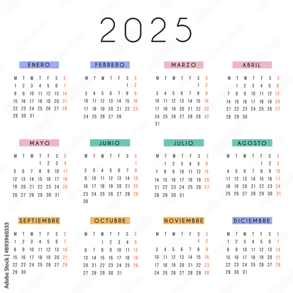 Spanish calendar 2025 year Vector square stationery calendar week