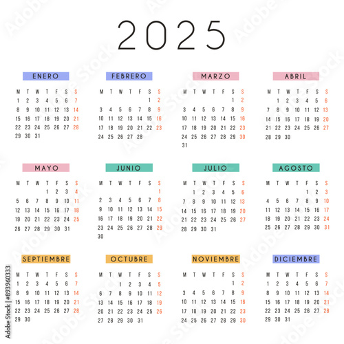 Spanish calendar 2025 year. Vector square stationery calendar week starts Monday. Yearly organizer. Simple calendar template in minimal design. Business illustration.