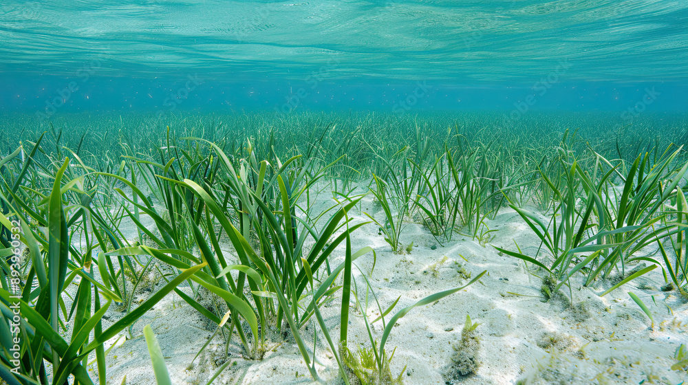 Underwater View Of Seabed With Green Seagrass Marine Life Habitat 