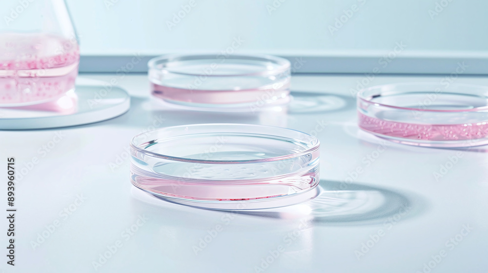 a setup of petri dishes containing stem cell cultures on a pristine lab bench a setup of petri dishes containing stem cell cultures on a pristine lab bench