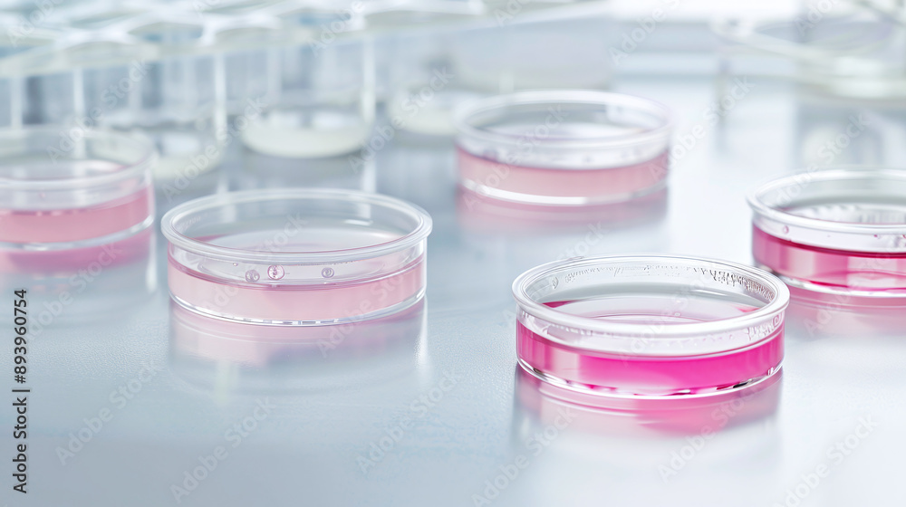 a setup of petri dishes containing stem cell cultures on a pristine lab bench