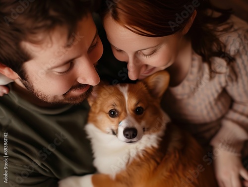 Couple Cuddles Their Corgi Dog at Home © Jelena