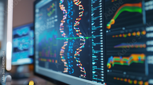 close-up of a computer screen displaying biotech data, such as DNA sequences, graphs, or molecular structures