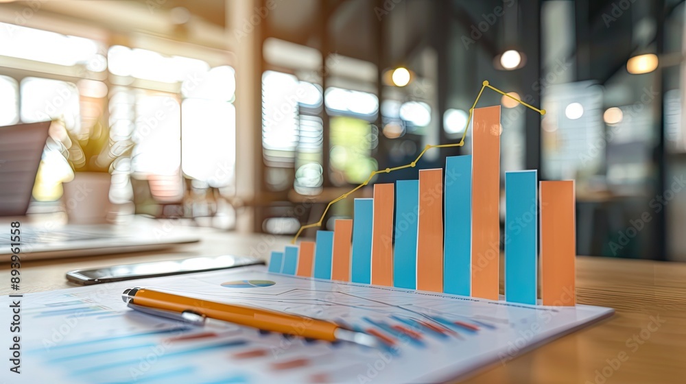 Bar graph showing quarterly revenue growth with professional office background Bar graph showing quarterly revenue growth with professional office background