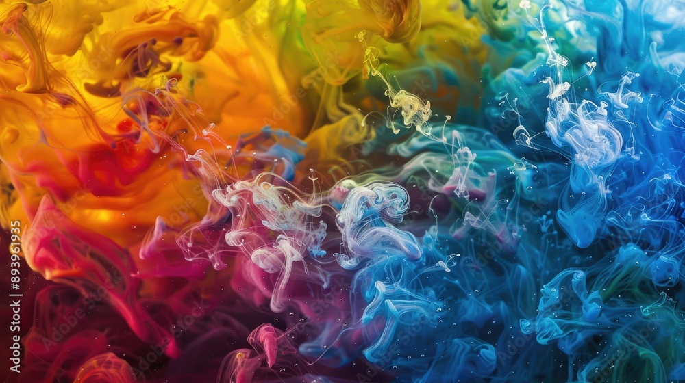 Colorful dye spreading in a clear medium with intricate patterns Colorful dye spreading in a clear medium with intricate patterns