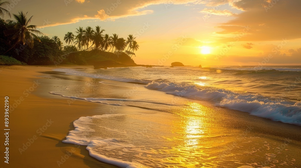 Naklejka premium Golden sunset on a beach with blue palm trees and gentle waves