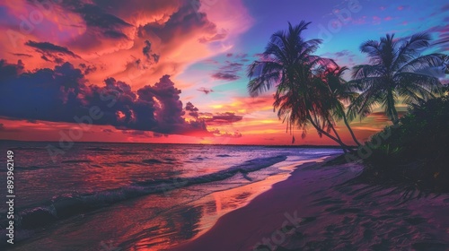 Evening sky ablaze with color, highlighting palm trees on a quiet beach