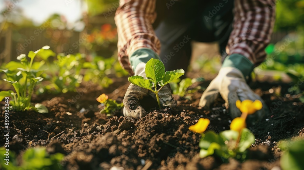 Naklejka premium Gardening, nurturing nature's beauty and bounty, cultivating green spaces for relaxation and sustenance, fostering a deeper connection with the earth and promoting well-being through joy of growing.